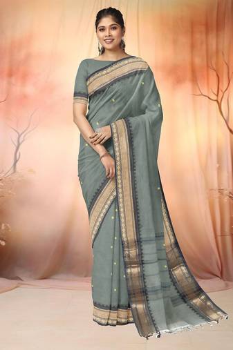 Steel grey & antique gold chettinad cotton saree with running blouse