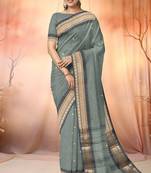 Steel grey & antique gold chettinad cotton saree with running blouse