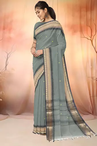 Steel grey & antique gold chettinad cotton saree with running blouse