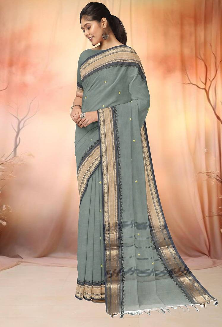 Steel grey & antique gold chettinad cotton saree with running blouse