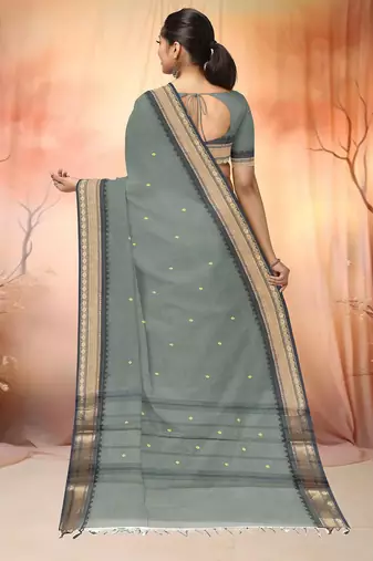 Steel grey & antique gold chettinad cotton saree with running blouse