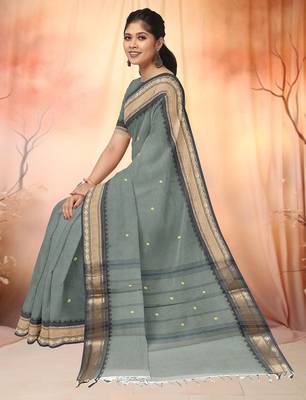 Steel grey & antique gold chettinad cotton saree with running blouse 4