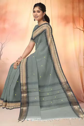 Steel grey & antique gold chettinad cotton saree with running blouse