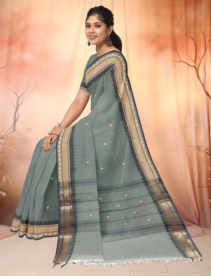 Steel grey & antique gold chettinad cotton saree with running blouse