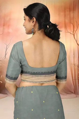 Steel grey & antique gold chettinad cotton saree with running blouse