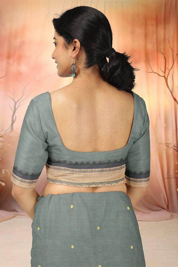 Steel grey & antique gold chettinad cotton saree with running blouse