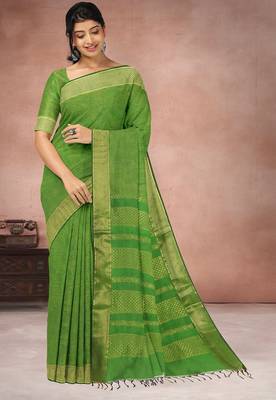 Leaf green & antique gold polycotton kalyani saree with running blouse 1