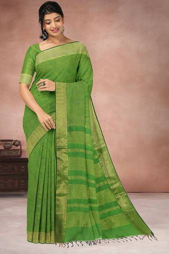 Leaf green & antique gold polycotton kalyani saree with running blouse