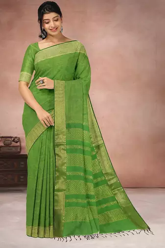 Leaf green & antique gold polycotton kalyani saree with running blouse