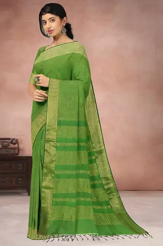 Leaf green & antique gold polycotton kalyani saree with running blouse
