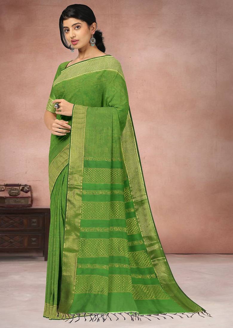 Leaf green & antique gold polycotton kalyani saree with running blouse