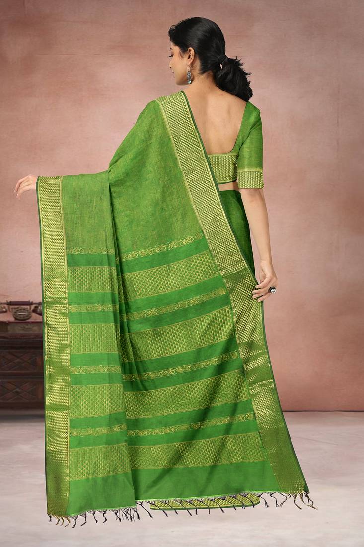 Leaf green & antique gold polycotton kalyani saree with running blouse