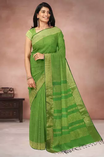 Leaf green & antique gold polycotton kalyani saree with running blouse
