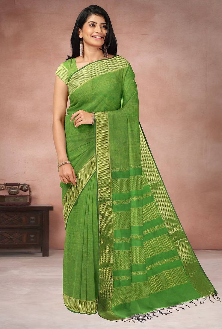Leaf green & antique gold polycotton kalyani saree with running blouse