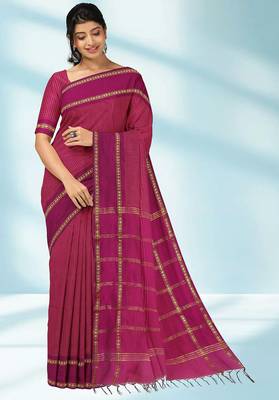 Dark magenta & antique gold polycotton kalyani saree with running blouse 1