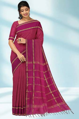 Dark magenta & antique gold polycotton kalyani saree with running blouse