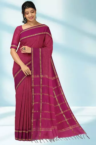 Dark magenta & antique gold polycotton kalyani saree with running blouse