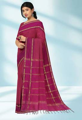 Dark magenta & antique gold polycotton kalyani saree with running blouse 2
