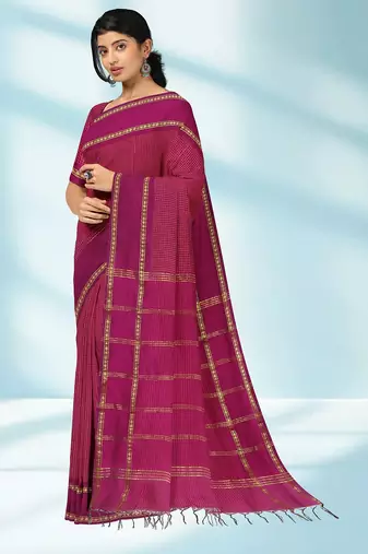 Dark magenta & antique gold polycotton kalyani saree with running blouse