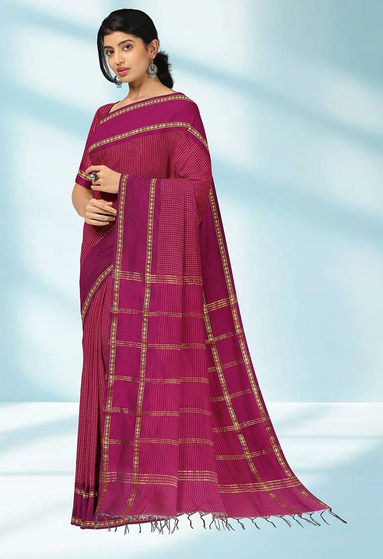 Dark magenta & antique gold polycotton kalyani saree with running blouse