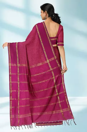 Dark magenta & antique gold polycotton kalyani saree with running blouse