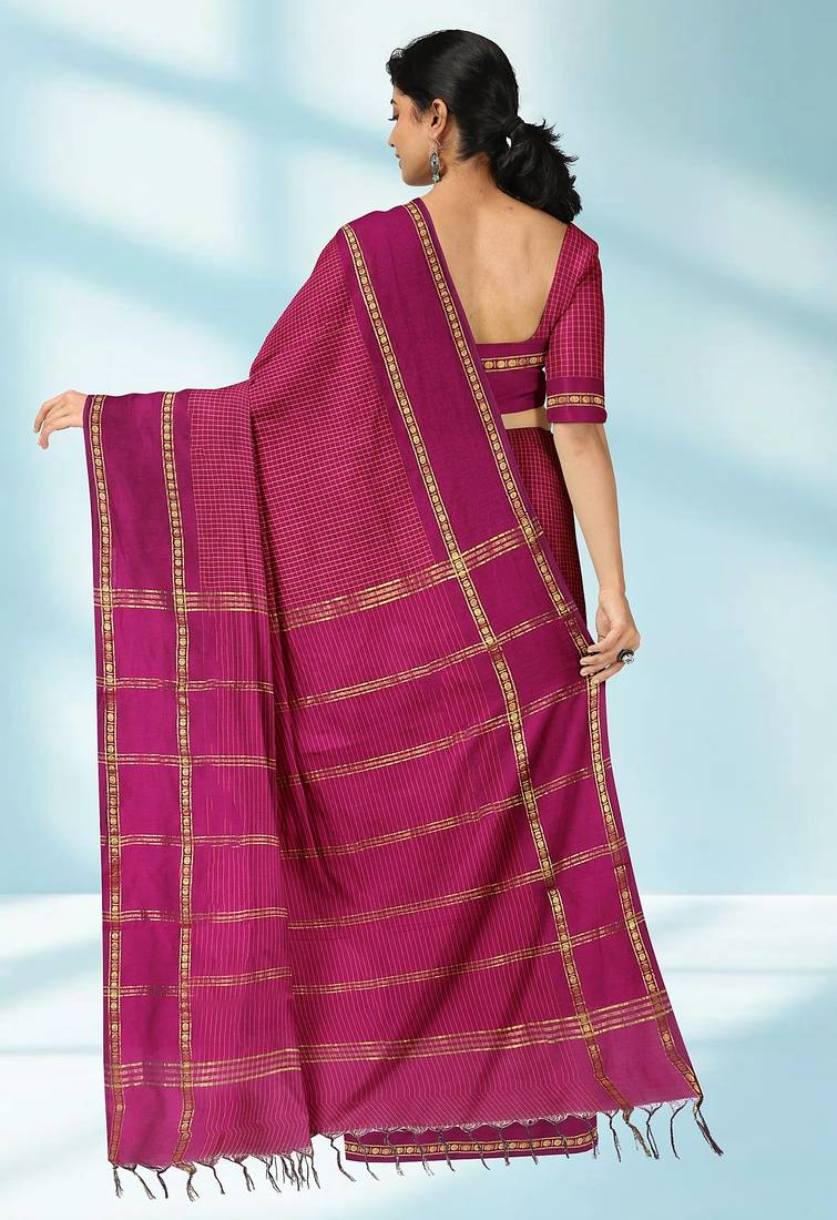 Dark magenta & antique gold polycotton kalyani saree with running blouse