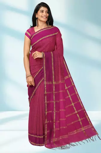Dark magenta & antique gold polycotton kalyani saree with running blouse