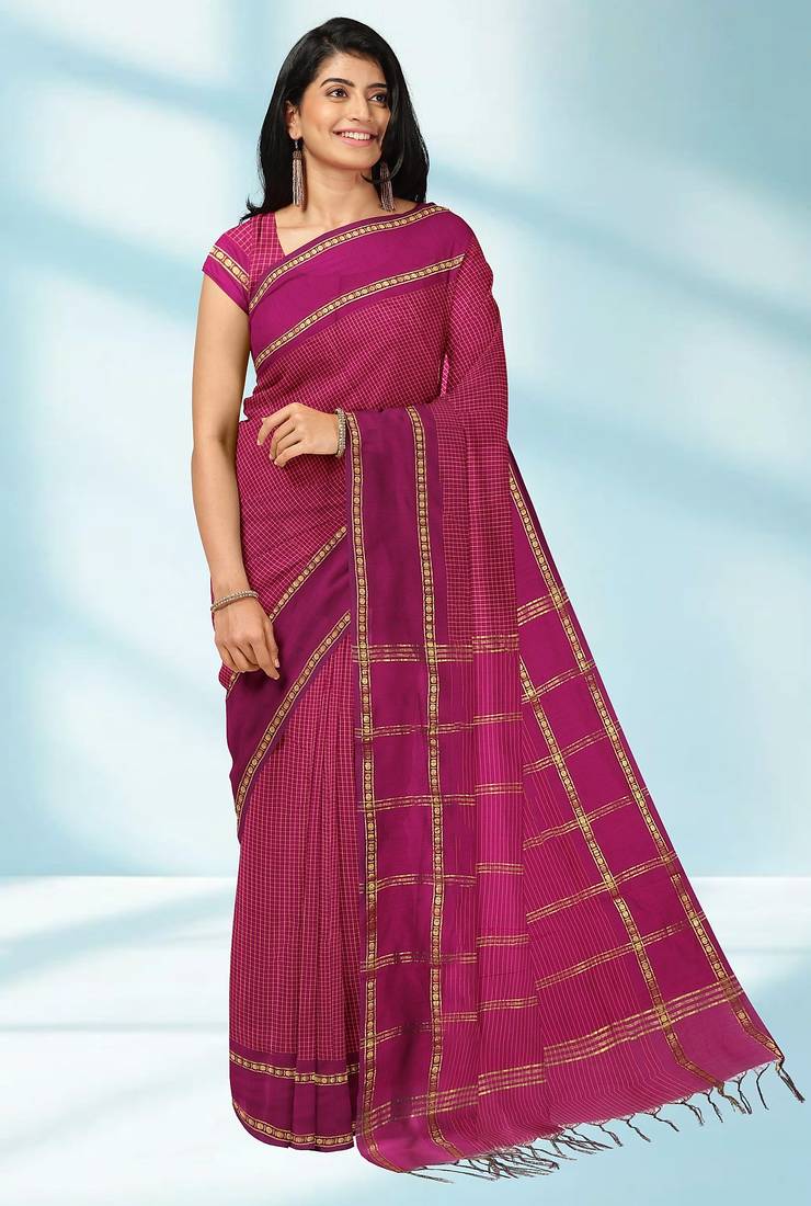 Dark magenta & antique gold polycotton kalyani saree with running blouse