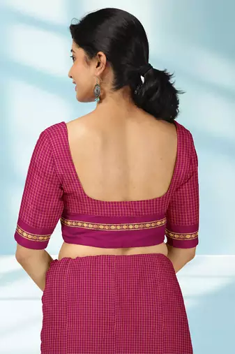 Dark magenta & antique gold polycotton kalyani saree with running blouse