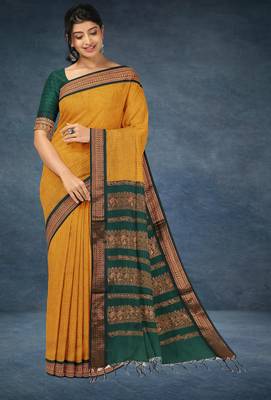 Marigold amber orange & deep teal green polycotton kalyani saree with running blouse 1