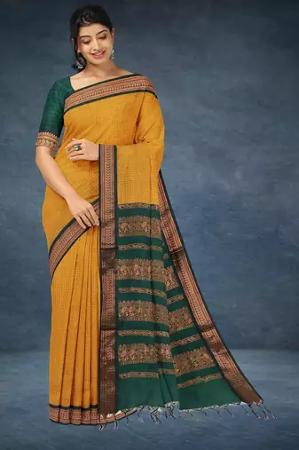 Marigold amber orange & deep teal green polycotton kalyani saree with running blouse