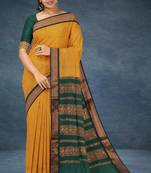 Marigold amber orange & deep teal green polycotton kalyani saree with running blouse