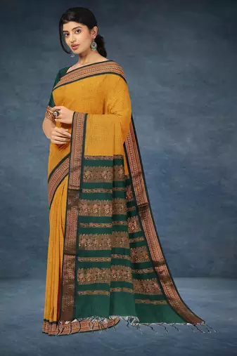 Marigold amber orange & deep teal green polycotton kalyani saree with running blouse