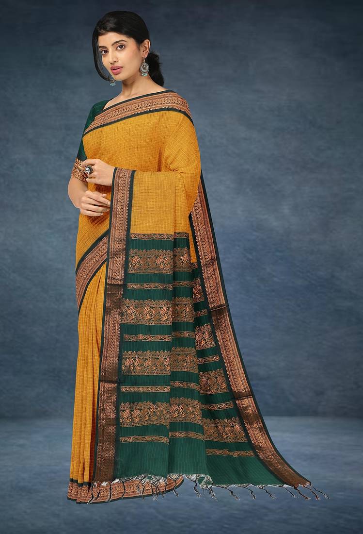 Marigold amber orange & deep teal green polycotton kalyani saree with running blouse
