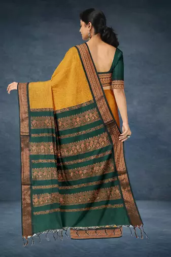 Marigold amber orange & deep teal green polycotton kalyani saree with running blouse