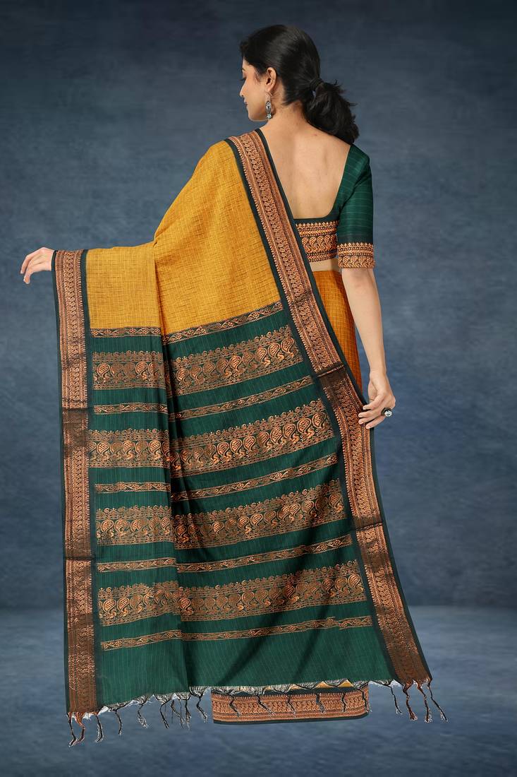 Marigold amber orange & deep teal green polycotton kalyani saree with running blouse