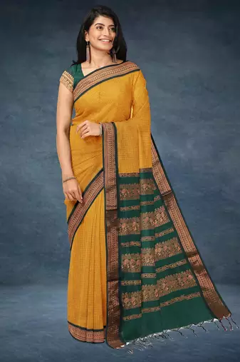 Marigold amber orange & deep teal green polycotton kalyani saree with running blouse