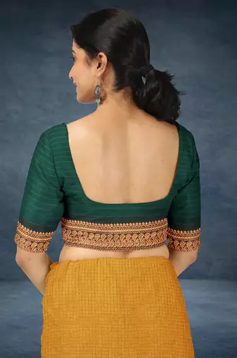 Marigold amber orange & deep teal green polycotton kalyani saree with running blouse