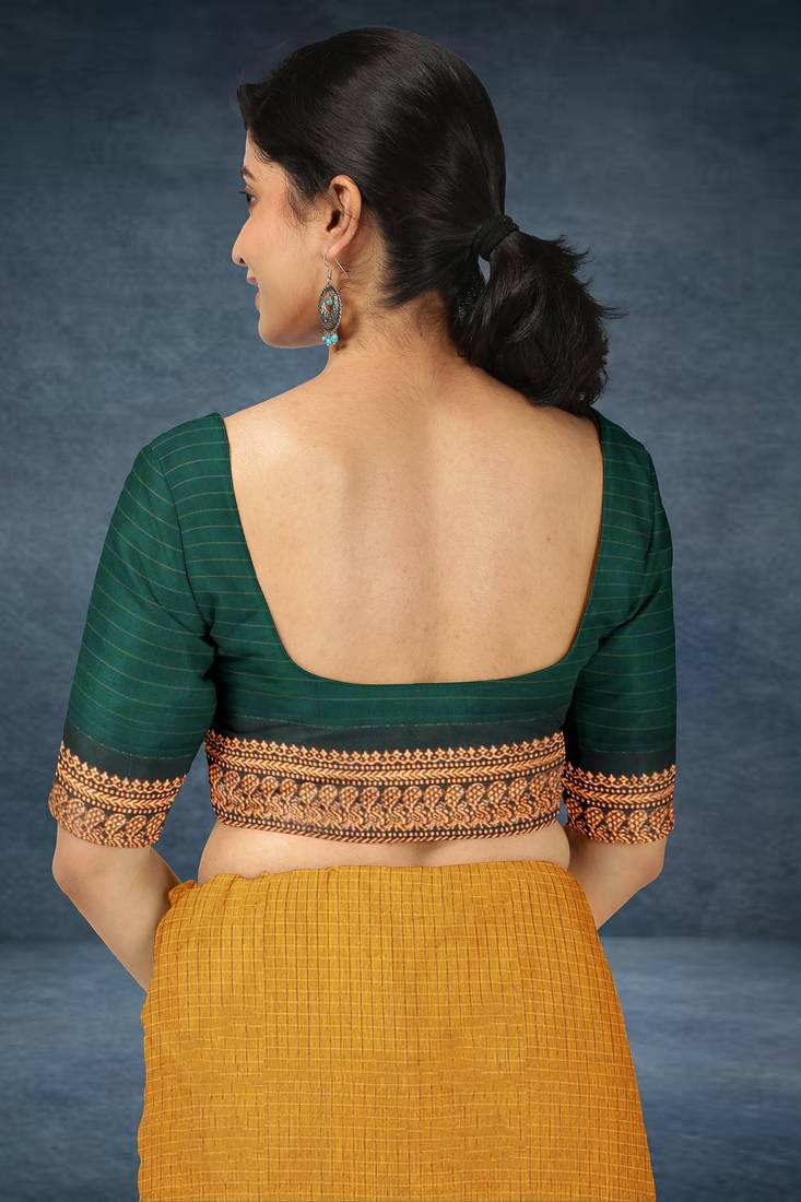 Marigold amber orange & deep teal green polycotton kalyani saree with running blouse