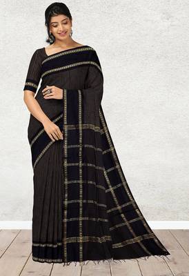 Coffee brown & midnight navy blue polycotton kalyani saree with running blouse 1