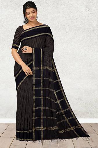 Coffee brown & midnight navy blue polycotton kalyani saree with running blouse