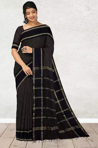 Coffee brown & midnight navy blue polycotton kalyani saree with running blouse
