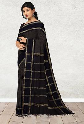 Coffee brown & midnight navy blue polycotton kalyani saree with running blouse 2