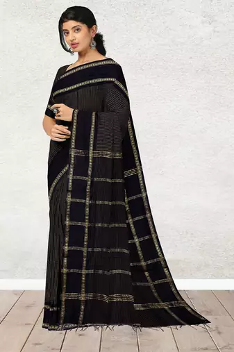 Coffee brown & midnight navy blue polycotton kalyani saree with running blouse