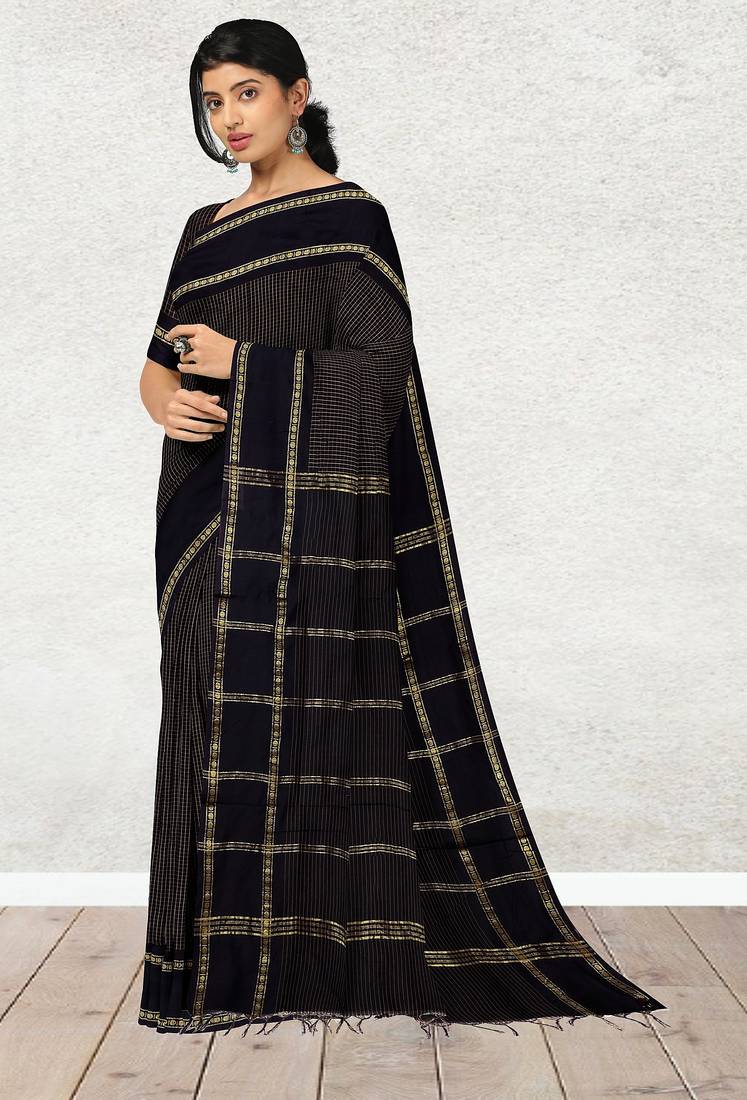 Coffee brown & midnight navy blue polycotton kalyani saree with running blouse