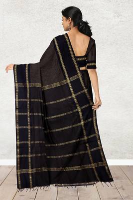 Coffee brown & midnight navy blue polycotton kalyani saree with running blouse 3