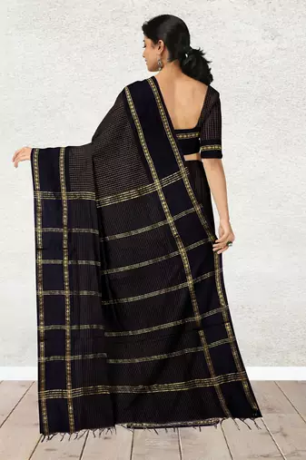 Coffee brown & midnight navy blue polycotton kalyani saree with running blouse