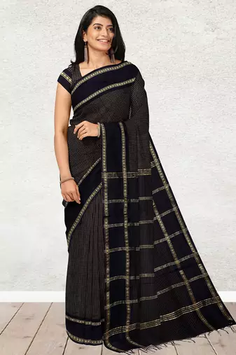 Coffee brown & midnight navy blue polycotton kalyani saree with running blouse