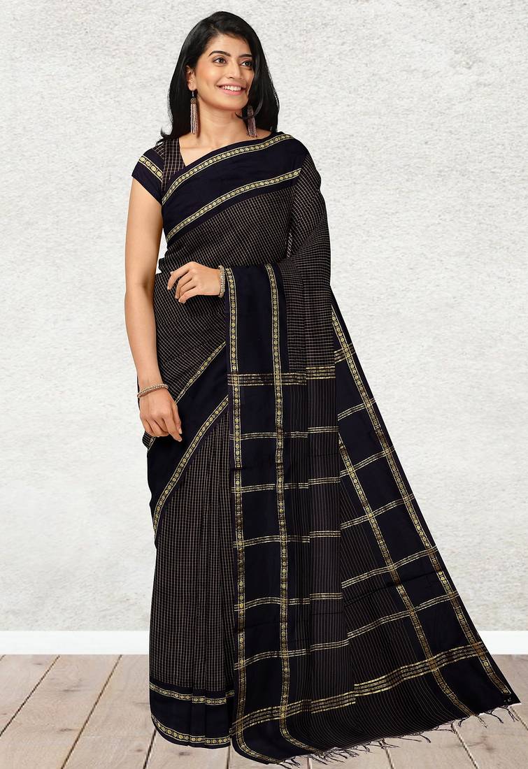 Coffee brown & midnight navy blue polycotton kalyani saree with running blouse