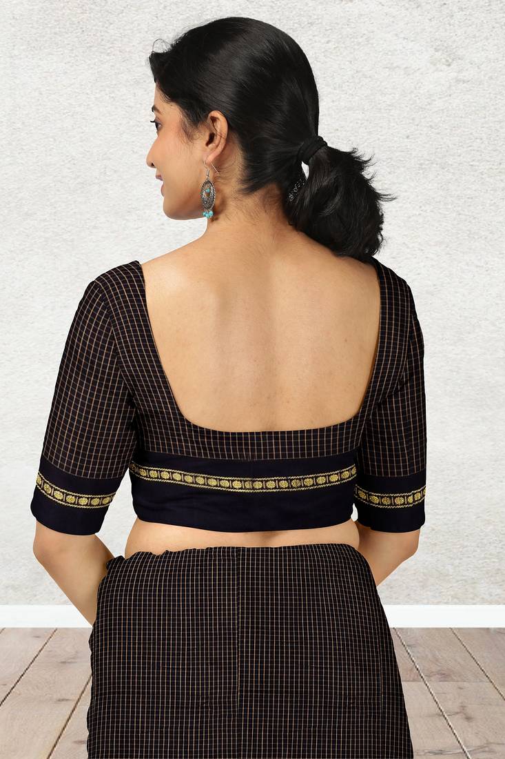 Coffee brown & midnight navy blue polycotton kalyani saree with running blouse